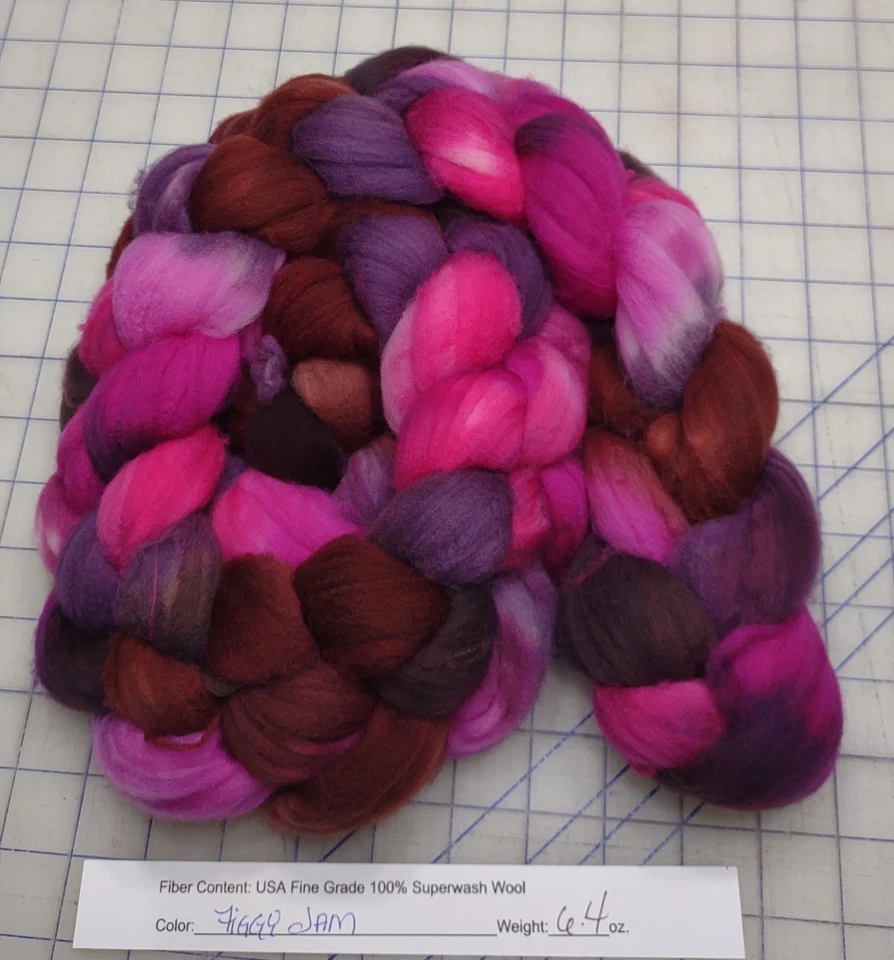 Superwash Fine Wool Top Roving Spinning Handpainted Dyed USA Figgy Jam - Image 1 of 1