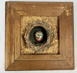 VTG Boho Framed Art Owl Pet Rock Painting MCM 70s Wall folk Art 8” Handmade - Picture 1 of 6