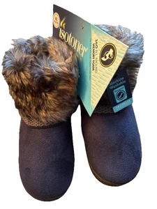 Isotoner Faux Fur Bootie Slippers Women XL Over Ankle Blue Gray Memory Foam Gift - Picture 1 of 19