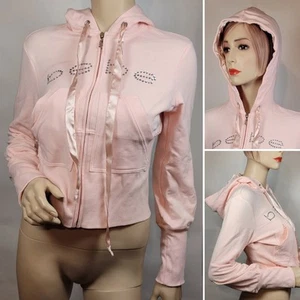 NEW Y2K Bebe Sport Satin Lined Pink Champagne Bedazzled Logo Hoodie NWT L - Picture 1 of 10