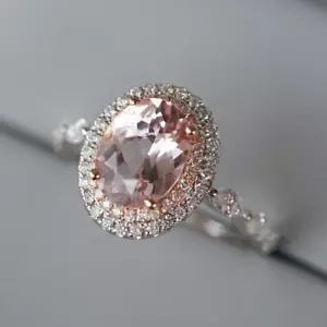 Romantic Morganite Natural Diamond Women Engagement Halo Ring 14K 2-Tone Gold - Picture 1 of 4