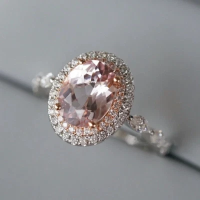 Romantic Morganite Natural Diamond Women Engagement Halo Ring 14K 2-Tone Gold - Image 1 of 4