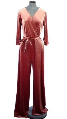 Pink Velvet Jumpsuit Kinzi  3/4 Sleeve V Neck Long Wide Leg Belted One Piece 10 - Image 1 of 4