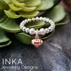 Anillo apilable para pulgar de plata de ley 925 con cuentas con dije de corazón de oro rosa INKA - Imagen 1 de 10