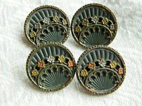 LOT of 4 Antique Victorian Vintage Buttons Crimped Rolled Liner Rose Gold Flower Cover