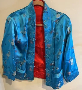 VTG Solz Squirrel Reversible Kimono Jacket Women's M Blue Red Floral Embroidered - Picture 1 of 6