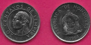 HONDURAS 20 CENTAVOS 1994 UNC CHIEF LEMPIRA WITHOUT FEATHERS FACING LEFT,NATIONA - Picture 1 of 1
