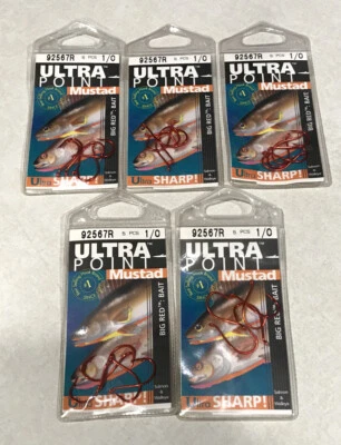 25 Mustad 1/0 RED Bait Fish Hooks Ultra Point P/N 92567R Salmon Walleye New - Image 1 of 4