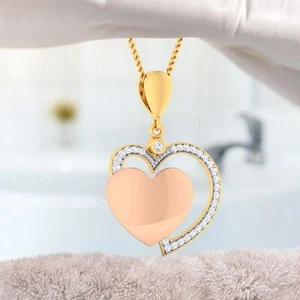 Pave 0.72 Cts F/VS1 Round Brilliant Cut Diamonds Two-Heart Necklace 14K Gold - Picture 1 of 6