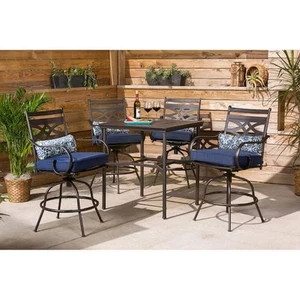 5-Pc Steel Dining Set with Navy Blue Cushions, 4-Swivel Chairs and 33 in. Table - Picture 1 of 12