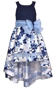 NEW Bonnie Jean Girls Size 14 "BLUE IVORY FLORAL" Sparkle Knit Mikado Dress NWT - Picture 1 of 3