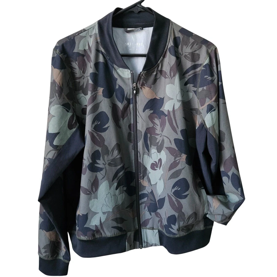 Skechers Floral Camo Bomber Jacket Women Size XL Lightweight Full Zip Gym Travel - Image 1 of 4