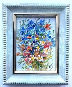 Wilde Blumen Blumen Kräuter Original Ölgemälde kleine Kunst Mini Kunst 4x4in - Bild 1 von 5