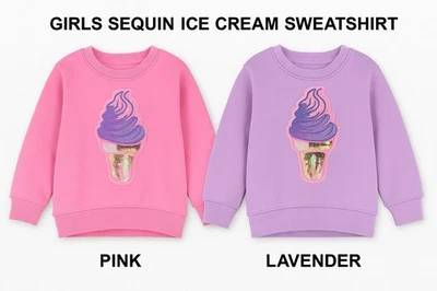 Girls Sequin Ice Cream Sweatshirt – Pink/Lavender, 3–6Y, Add Name - Image 1 of 4