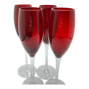Ruby Red Champagne Glasses Flutes With Clear Stems Blown Glass 8.75"T Set of 4 - Picture 1 of 9