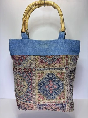 Bolso de Mano Tapiz Vintage con Asas de Bambú y Borde Denim BoHo Alfombra Bolso Cartera Foto 1 de 4