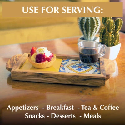 Handcrafted Olive Wood and Ceramic Tile Serving Tray with Ergonomic Handles - Image 1 of 4