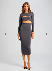 NWT Ser.O.Ya Kepla Cut Out Round Neck Long Sleeve Bodycon Maxi Dress Gray Size X - Picture 1 of 9
