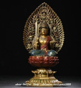 Old Tibet Copper Gilt Painting Wenshu Manjushri Buddha Hold Sword Lotus Statue - Picture 1 of 9