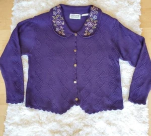 JANTZEN Clasics Embroidered by Hand Women's Purple Sweater Size Medium Cottage - Picture 1 of 8