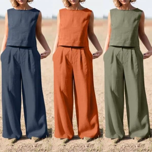 Damski Tank Top z okrągłym dekoltem Szerokie nogawki Zestawy 2-częściowe stroje Lato Bez rękawów - Zdjęcie 1 z 15