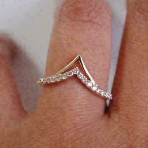Round Cut Zirconia V Shape Eternity Fancy Wedding Ring 14K Rose Gold Plated
