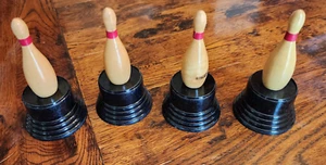 4 Vtg Mini Black Plastic Base Wooden Bowling Pin W Red Stripe Trophies 4.5" Tall - Picture 1 of 2