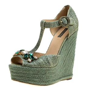 NEW Dolce & Gabbana Green Raffia Crystal Embellished Wedge Espadrille Shoe 39.5 - Picture 1 of 12