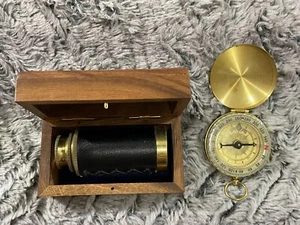 Vintage Novelty Brass 6 inch Telescope and 2 inch Diameter Novelty Compass  - Picture 1 of 12