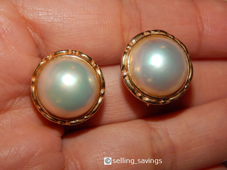 14K YELLOW GOLD MABE PEARL BAMBOO BOARDER 6/10th INCH BEZEL OMEGABACK EARRINGS - Image 1 of 4