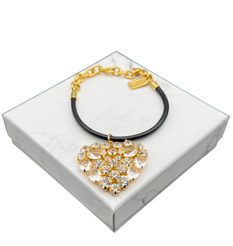 Braccialetto Ciondolo Coach Vintage Cord in Pelle Grande Cuore Cristalli Swarovski Regalo