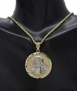 Real 10k Yellow Solid Gold Jesus Diamond Cut Medallion Pendant+Rope Chain 16-24" - Picture 1 of 6