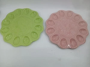 (Lot Of 2) Pink Green Devil Egg Trays 11" Ceramic Embellished (New)* - Picture 1 of 10