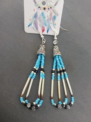 Novos brincos de miçangas curtos feitos à mão com pena de porco-espinho nativo americano #G39 presente - Imagem 1 de 4