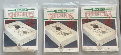 Vtg Bucilla Christmas Tree Cross Stitch Tablecloth Kit 60x80 with 8 Napkin Kits - Image 1 of 4