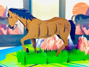 ZANE Spirit Dark Brown Horse Standing on a Green Field Origami Pop Cards Present - Bild 1 von 16