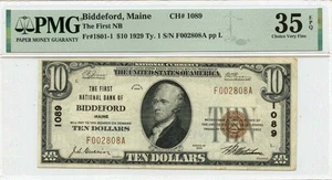 1929 Ty$10 First National Bank Biddeford ME CH#1089 PMG VF35 EPQ GCC Green - Picture 1 of 2