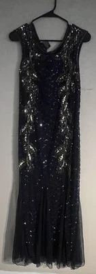 PISARRO NIGHTS NAVY BEAD AND SEQUINS SHORT SLEEVE LONG DRESS SIZE 4 NWT $249 - Image 1 of 4