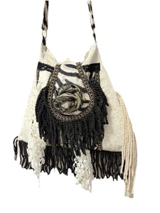 Black White Hippie Fringed Lace Shoulder Bag Messenger Cross Body Adj Strap - Picture 1 of 10