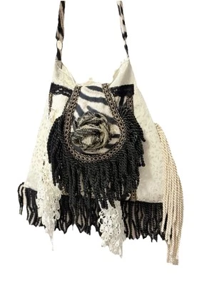 Black White Hippie Fringed Lace Shoulder Bag Messenger Cross Body  Adj Strap - Image 1 of 4