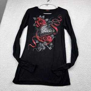 Spiral Direct Women's Black Baggy Top Heart Locket Red Roses Goth Rock, Biker XL - Picture 1 of 17