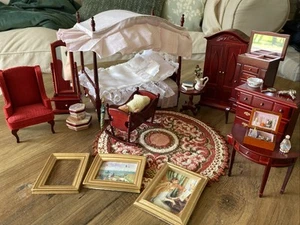 Dolls House Furniture 1/12th Bedroom Furniture Set Four Poster Wardrobe Drawers - Picture 1 of 24