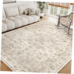 5x7 Washable Neutral Area Rug Beige Floral Living Room Bedroom Carpet Non-Slip - Picture 1 of 7