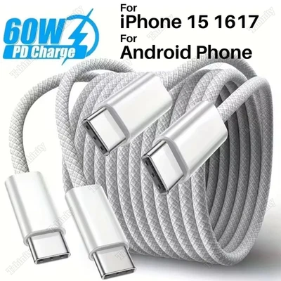 60W USB-C to USB-C Fast Charger Cable Lot Nylon Cord For iPhone 15 16 17 Samsung - Image 1 of 4