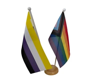 Progress Pride Flag & Non Binary Flag 2 x Desk Table Flags Wooden Pole & Base - Picture 1 of 4