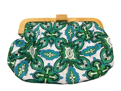 Vintage Old Navy Wooden Frame Clutch Bag With Green & Blue Floral Pattern - Image 1 of 4
