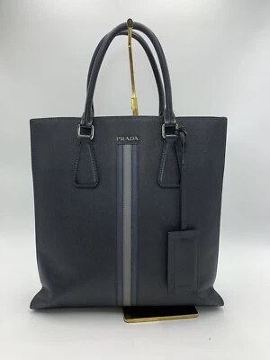 Auth Prada Black Saffiano Leather Web Blue Gray Stripe Travel Tote Preloved - Image 1 of 4