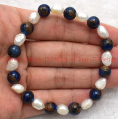 Brazalete de perlas blancas redondas con cuentas de piedras preciosas de oro azul natural de 8 mm 7,5 pulgadas Foto 1 de 4