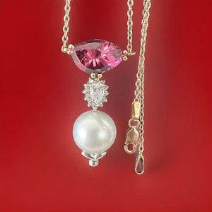 Cert.14K White Rose Gold Natural 4.55CT Tourmaline Pearl VS Diamond Necklace NEW - Picture 1 of 20