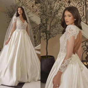 Backless Wedding Dresses for Women Lace Appliques Button Ball Gown for Brides - Picture 1 of 9